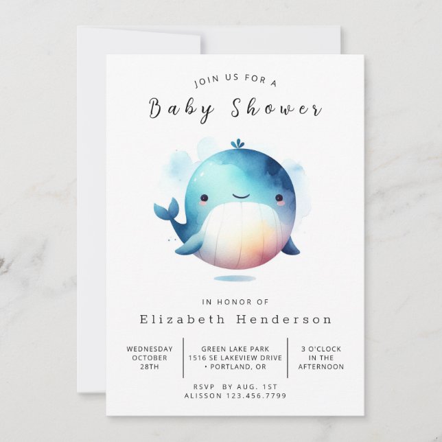 Chic Printable Whale Baby Shower Invitation (Front)