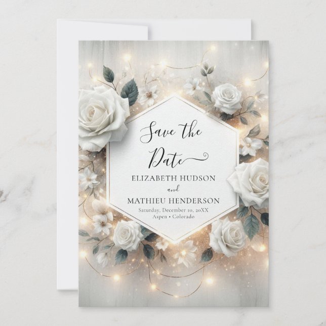 Chic Printable White Roses Wedding Save The Date (Front)