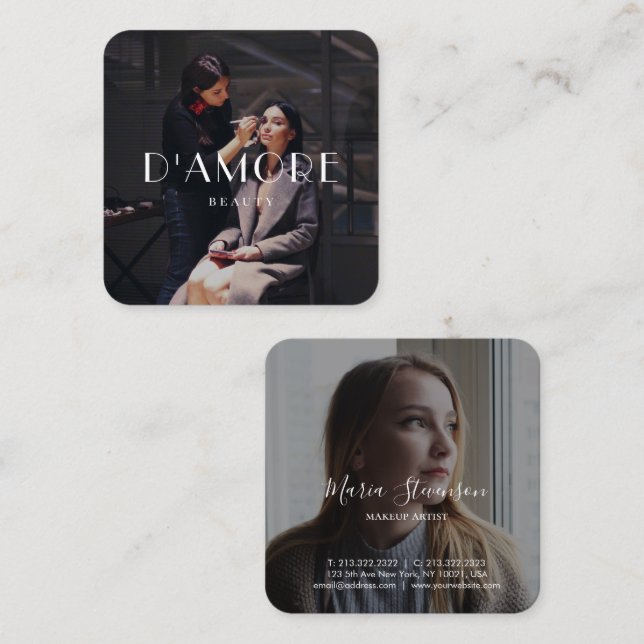 Chic Professional 2 Photos Black and White Square Business Card (Front/Back)