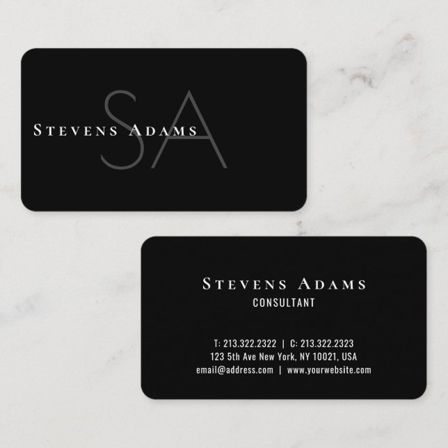 Chic Professional Black and White Monogrammed Business Card (Front/Back)
