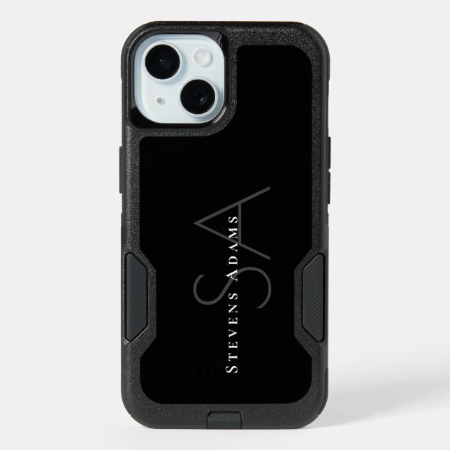 Chic Professional Black and White Monogrammed iPhone 15 Case (Back)