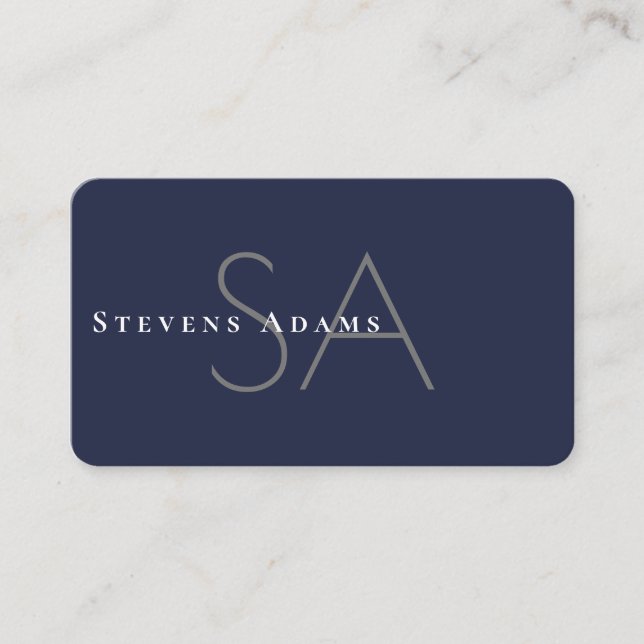 Chic Professional Navy Blue Monogrammed Business Card (Front)