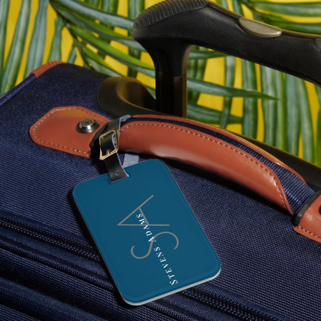 Chic Professional Ocean Blue Monogrammed Luggage Tag (Front Insitu 1)