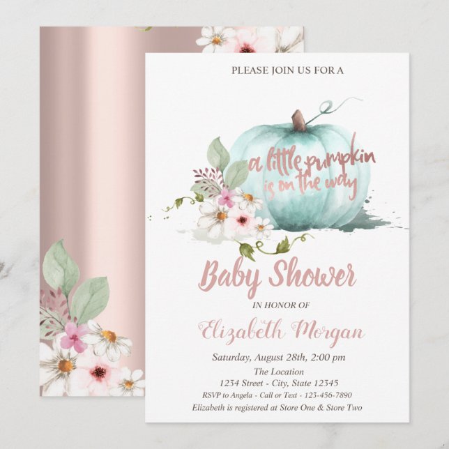 Chic Pumpkin,Flowers Rose Gold Baby Shower  Invitation (Front/Back)
