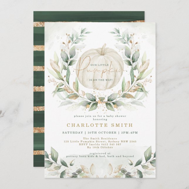 Chic Pumpkin Greenery Gold Fall Wreath Baby Shower Invitation (Front/Back)