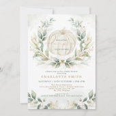 Chic Pumpkin Greenery Gold Fall Wreath Baby Shower Invitation (Front)