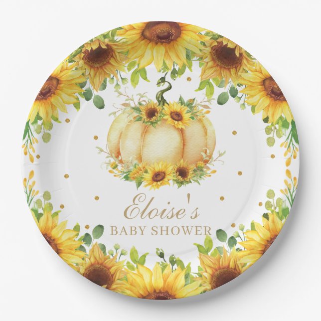Chic Pumpkin Sunflower Baby Shower Birthday Party Paper Plates (Front)