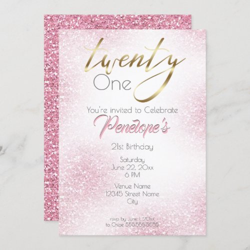 Chic Pure Pink Glitter and Gold 21st Invitation