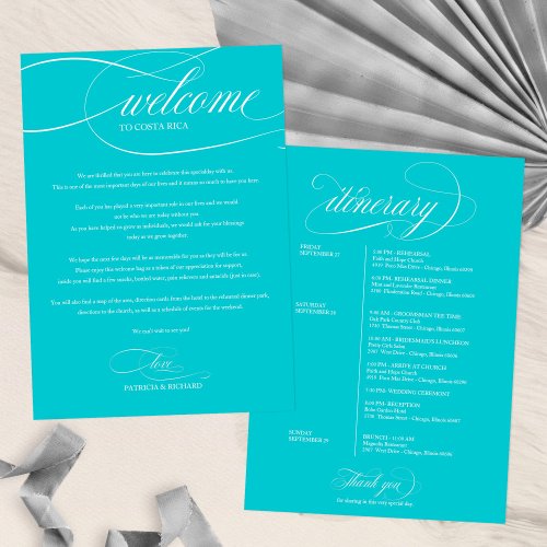 Chic Purist Blue Wedding Weekend Welcome Itinerary Invitation