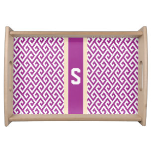 Chic purple abstract geometric pattern monogram serving tray