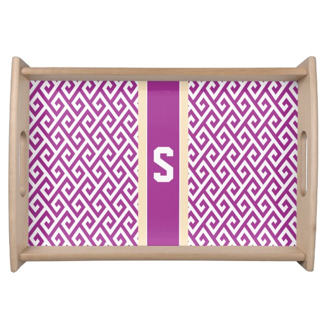 Chic purple abstract geometric pattern monogram serving tray (Front)