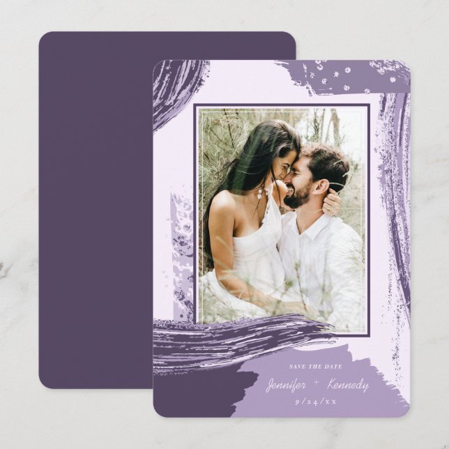Chic Purple Abstract Paint Brush Strokes Photo Save The Date (Front/Back)