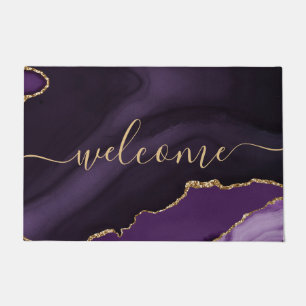 Chic Purple Agate Gold Glitter Script Welcome Doormat