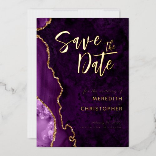 Chic Purple Agate Save the Date Gold Foil Invitation
