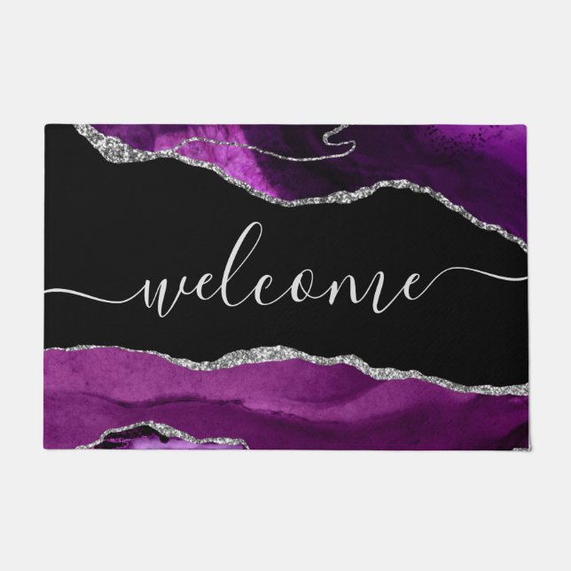 Chic Purple Agate Silver Glitter Script Welcome Doormat (Front)