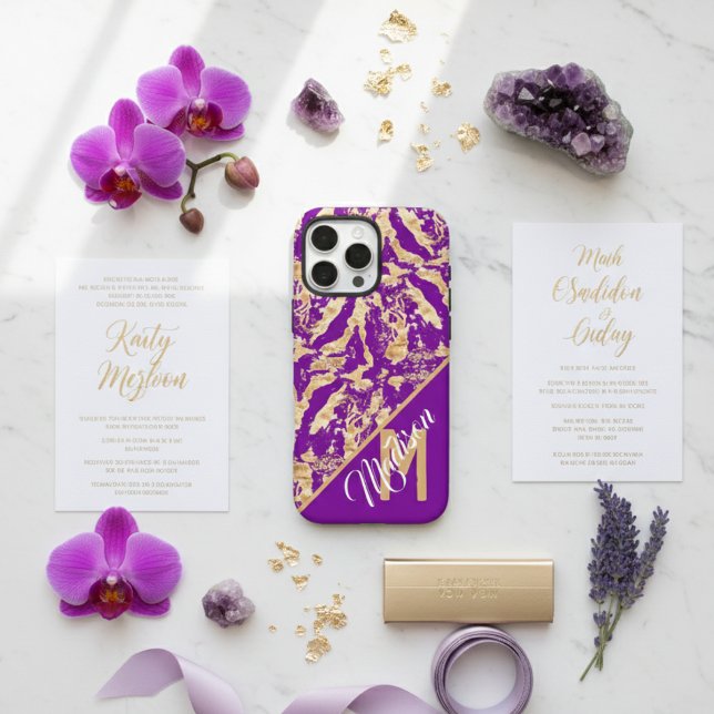 Chic Purple Amethyst & Gold Marble Custom Monogram Case-Mate iPhone Case (Creator Uploaded)