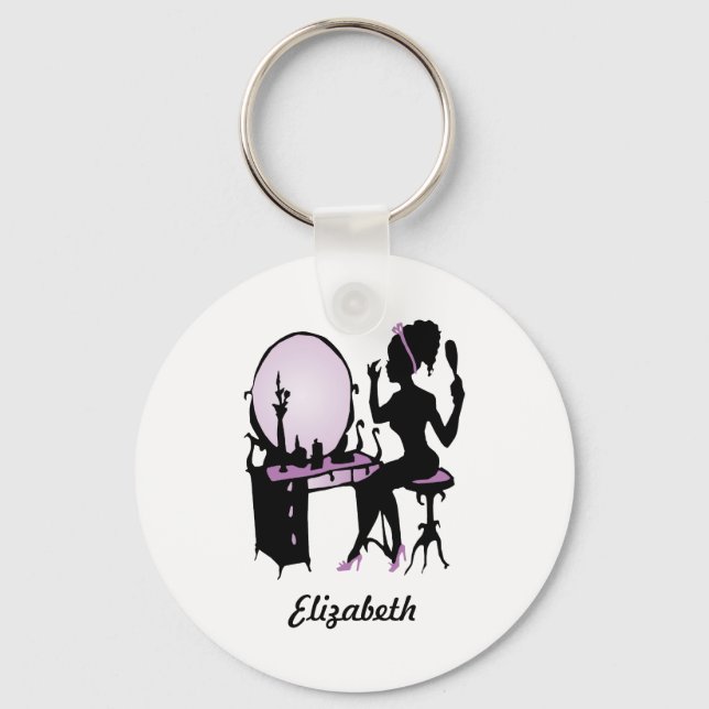 Chic Purple and Black Woman Fashionista Silhouette Keychain (Front)