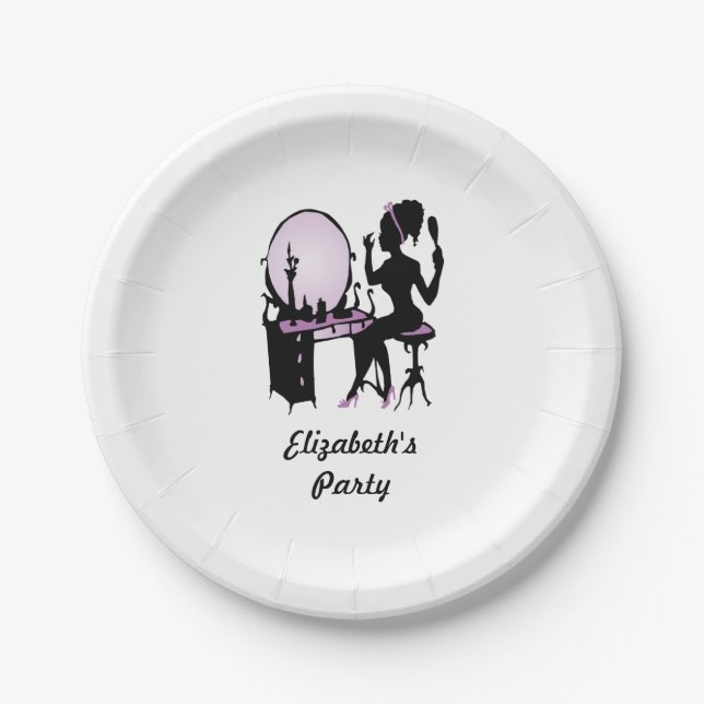 Chic Purple and Black Woman Fashionista Silhouette Paper Plates (Front)