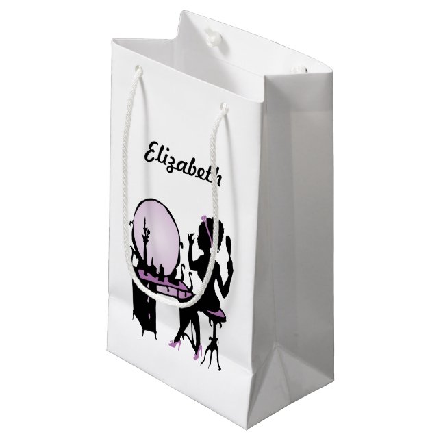 Chic Purple and Black Woman Fashionista Silhouette Small Gift Bag (Front Angled)
