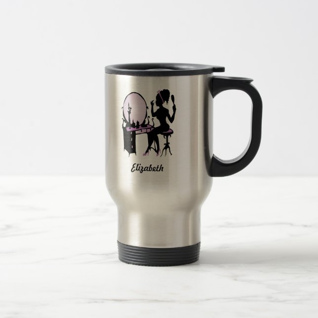 Chic Purple and Black Woman Fashionista Silhouette Travel Mug (Right)