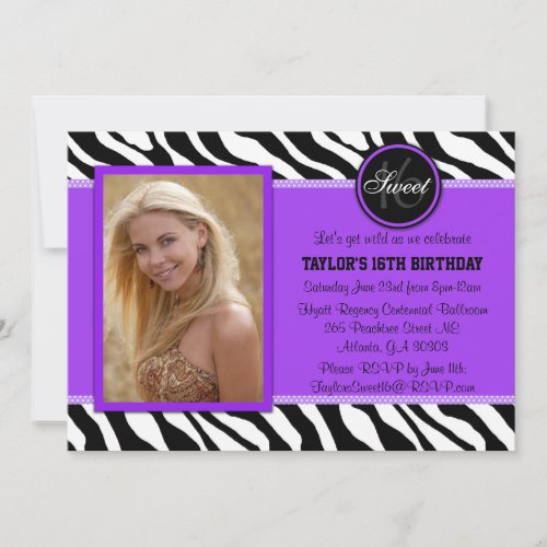 Chic Purple and Black Zebra Print Photo Invite