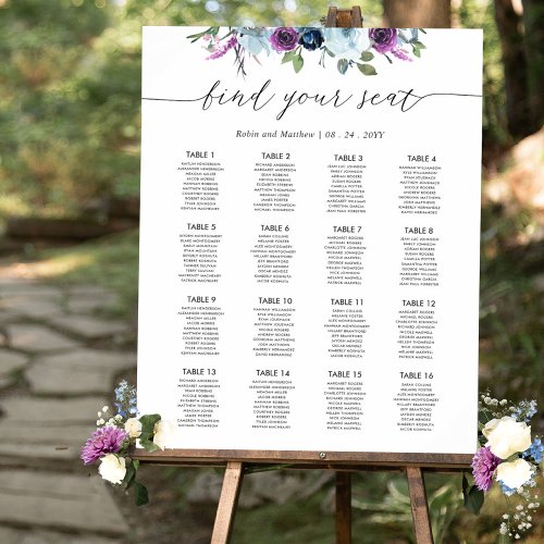 Chic Purple and Blue Wedding Seating Chart Sign