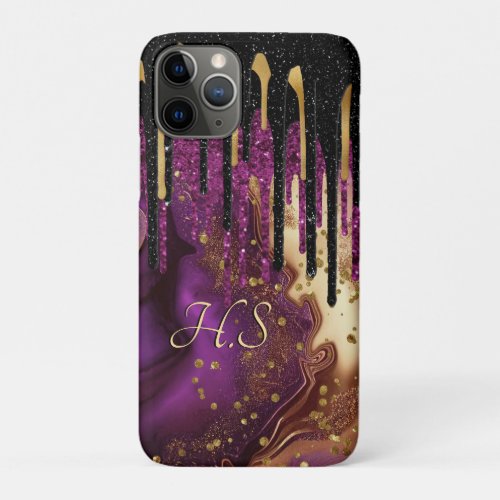 Chic purple and gold agate glitter drips monogram iPhone 11 pro case