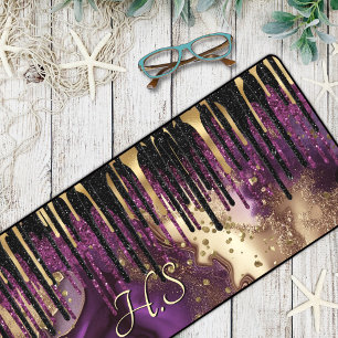 Chic purple and gold agate glitter drips monogram desk mat