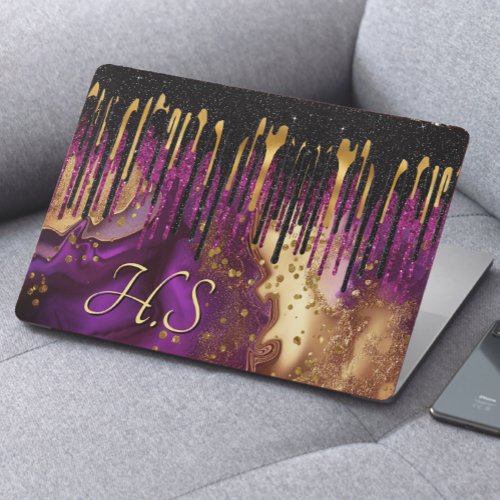 Chic purple and gold agate glitter drips monogram HP laptop skin