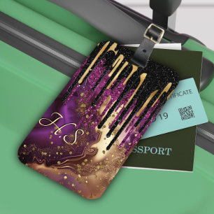 Chic purple and gold agate glitter drips monogram luggage tag