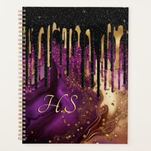 Chic purple and gold agate glitter drips monogram planner