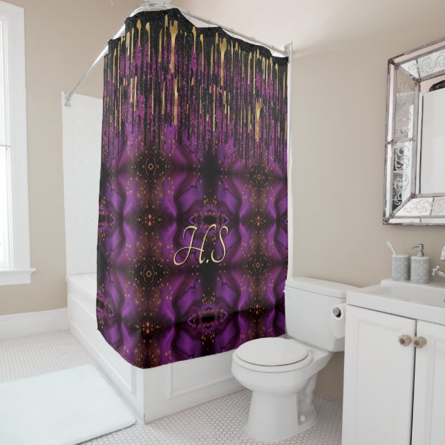 Chic purple and gold agate glitter drips monogram shower curtain (In Situ)