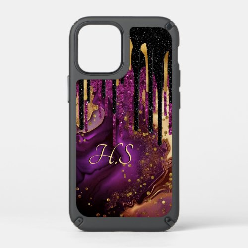 Chic purple and gold agate glitter drips monogram speck iPhone 12 mini case