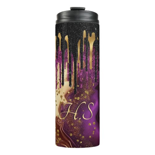 Chic purple and gold agate glitter drips monogram thermal tumbler