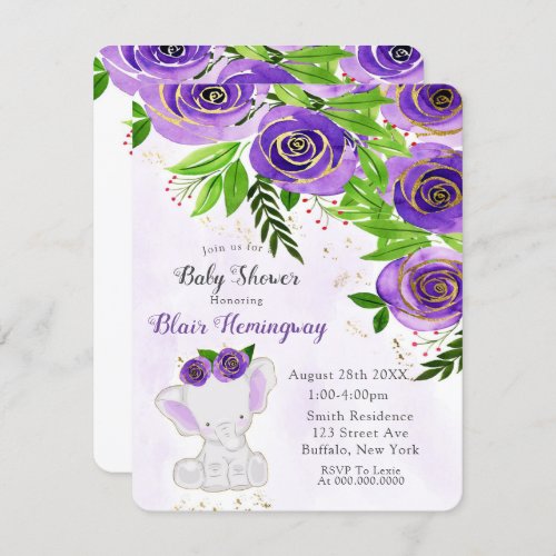 Chic Purple and Gold Floral Elephant Baby Shower Invitation