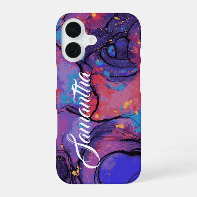 Chic Purple and Pink Marble Personalized Name iPhone Case (Back)