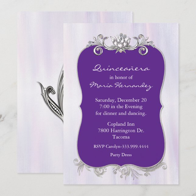 Chic Purple and Silver Quinceañera Invitation (Front/Back)