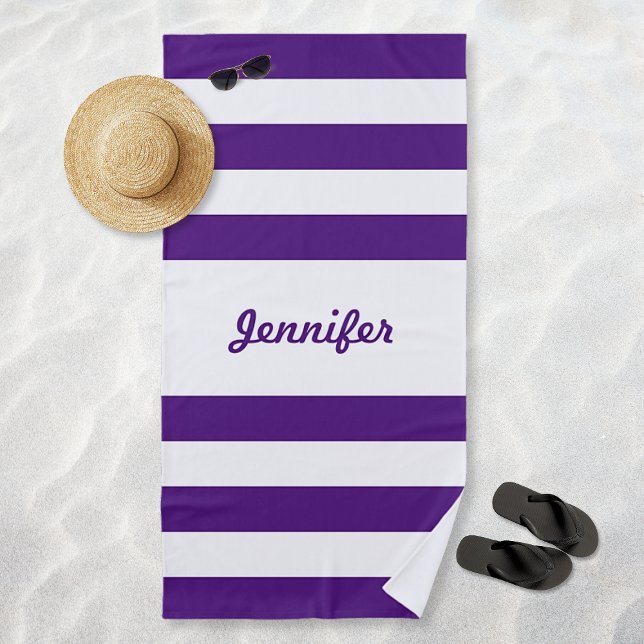 Chic Purple and White Stripes Personalized Beach Towel (Chic Purple and White Stripes Personalized Beach Towel)