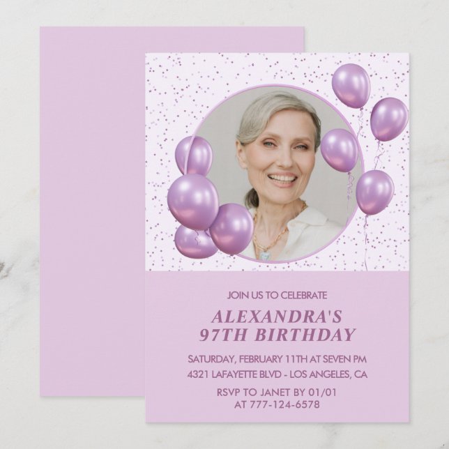 Chic Purple Balloons Photo 97th birthday Invitation (Front/Back)