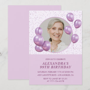 Chic Purple Balloons Photo 99th birthday Invitation