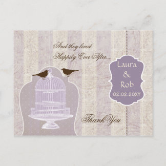 Chic purple bird cage, love birds Thank You Postcard