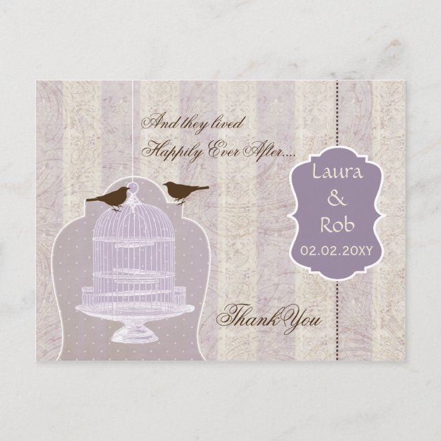 Chic purple bird cage, love birds Thank You Postcard (Front)