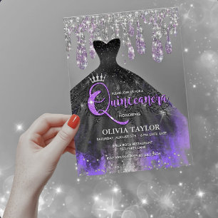 Chic purple black crystal drips Quinceanera Acrylic Invitations