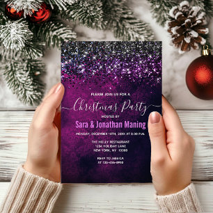 Chic purple black silver drips glitter Christmas Invitation