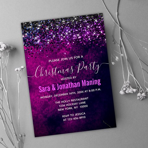 Chic purple black silver drips glitter Christmas  Invitation
