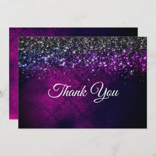 Chic purple black silver drips glitter thank you card