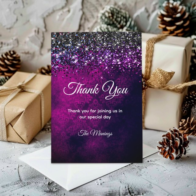 Chic purple black silver drips glitter thank you card (Creator Uploaded)