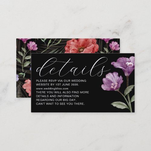 Chic purple  Black Wildflower Wedding Details Enc Enclosure Card