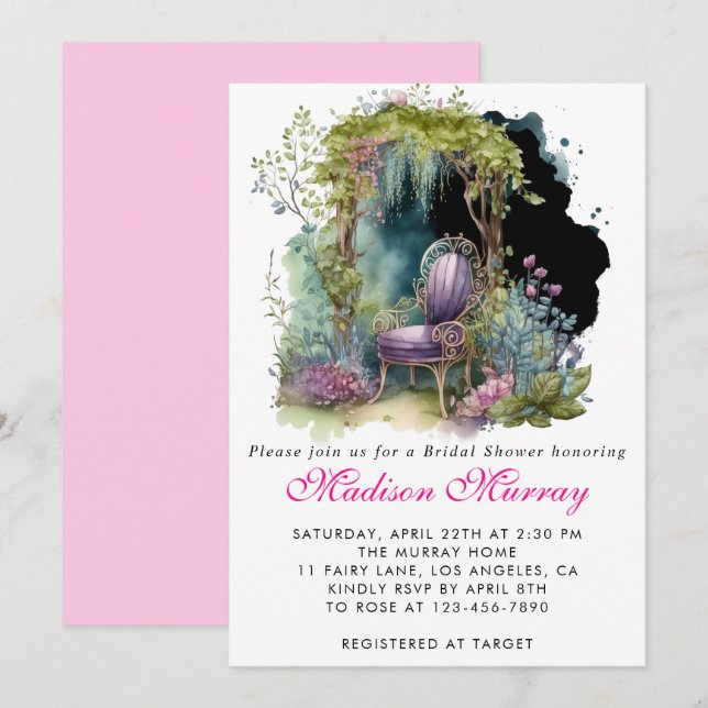 Chic Purple Blue Floral Garden Chair Bridal Shower Invitation (Front/Back)