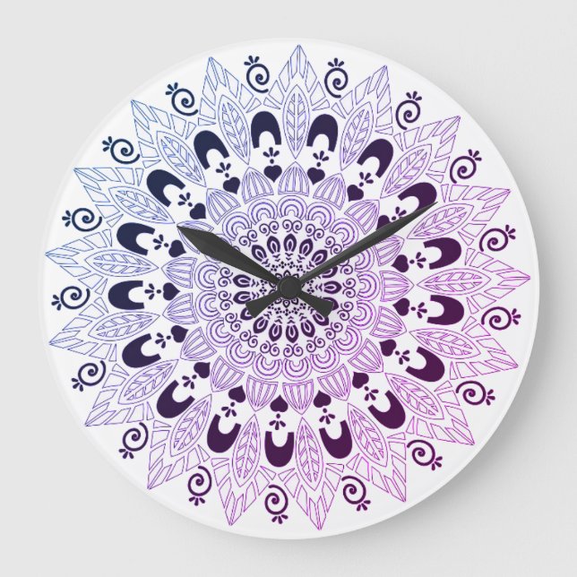 Chic Purple Blue Mandala Flower Design  Large Clock (Front)